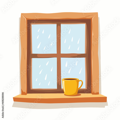Mug on windowsill during rainy day evokes cozy warmth, inviting scene. A ceramic mug is placed near window with raindrops for relaxing moments during rainy day.