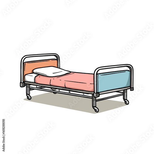 Simple hand-drawn sketch of a hospital bed from the side, representing a patient's stay, medical treatment, recuperation, and the need for hospital care.
