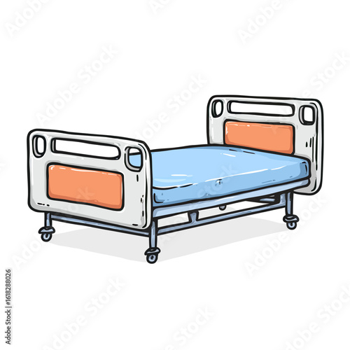 Hand-drawn illustration of an empty adjustable hospital bed, symbolizing medical care, patient recovery, healthcare services, and the clinical environment.
