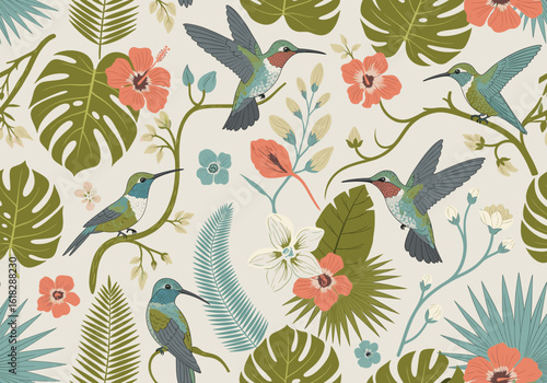 Seamless pattern with hand-drawn hummingbirds in flight among botanical foliage, willow leaves, and florals in sage green and dusty rose on pale background, elegant vector for timeless textile design 