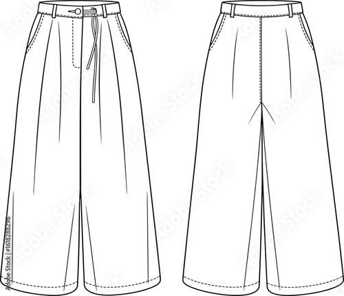 High Waist Wide Leg Pants CAD, Fashion Flat Technical Drawing with Drawstring and Pockets, Apparel Design Template for Women’s Wear
