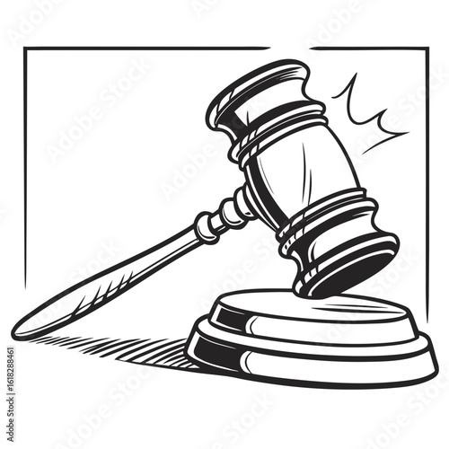 Gavel in Justice: A striking illustration captures a wooden gavel, symbolizing justice and legal proceedings, striking a base in stark detail.