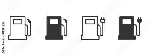 Fuel and electric charging station icon. Gas pump with nozzle and plug for hybrid and electric vehicles vector illustration. Transportation energy source symbol. Automotive refueling service sign.