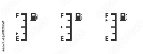Fuel gauge icon. Gas tank meter with needle indicator showing empty and full positions vector illustration. Automotive dashboard petrol level symbol. Car refueling and warning sign for energy systems.