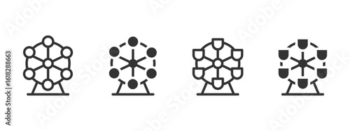 Ferris wheel icon. Amusement park attraction with rotating gondolas vector illustration. Carnival and fairground entertainment ride symbol. Leisure and holiday fun activity sign pictogram.