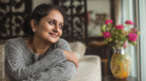 A middle-aged Indian woman sits peacefully in her living room, embracing the gentle light of a morning that promises a better day.