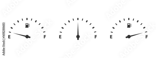 Fuel gauge icon. Car dashboard petrol meter with needle showing empty, half, and full positions vector illustration. Automotive gas level display symbol. Energy monitoring and refueling control sign.