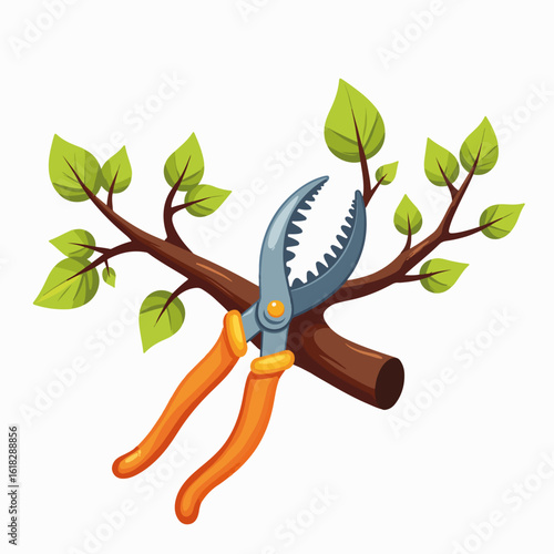 Tree limb pruning with hand shears for professional gardening. Pruning shears cut branch with leaves. Professional tree limb pruning is essential for maintaining healthy plants.