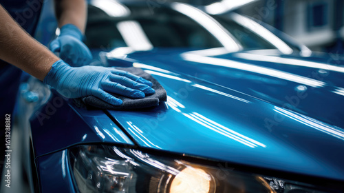 Car detailing with blue gloves polishing shiny blue car hood using microfiber cloth in auto body shop, reflecting bright lights and clean surface with care and precision