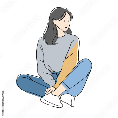 Minimalist line art illustration of a young woman in casual clothing sitting peacefully on the floor, perfect for content on relaxation, mindfulness, or lifestyle.
