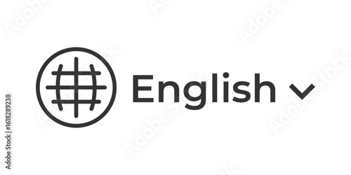 Language selection icon. Globe symbol with English text and dropdown arrow vector illustration. International language switch and localization settings symbol. Global interface navigation sign.