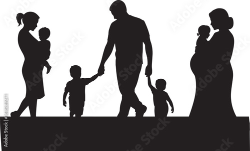 Silhouette Family Walking Together, Parents Holding Children's Hands, Generational Bond and Support