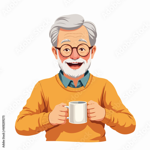 Senior holding mug, two hands firmly clasping ceramic mug in warm embrace. Senior smiles, glasses perched on his nose, enjoying hot drink with pleasure, showing two hands around the mug.