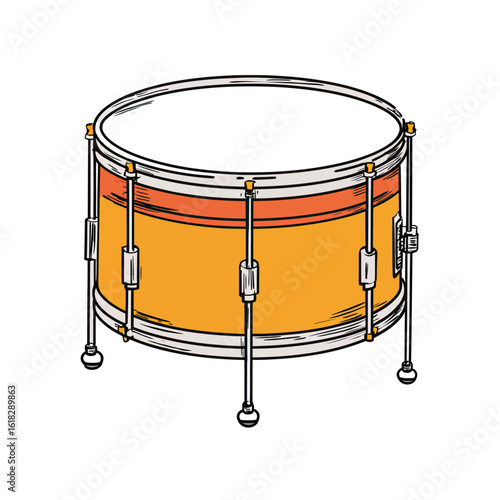 A bold, hand-drawn illustration of an orange snare drum, a vibrant musical instrument icon representing rhythm, music, band performance, and creative percussion sounds.
