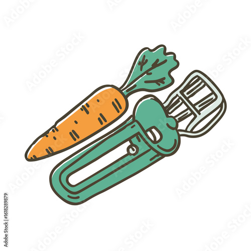 A charming hand-drawn illustration of a vegetable peeler and a fresh carrot, a perfect icon for cooking blogs, healthy eating recipes, and kitchen utensil branding.
