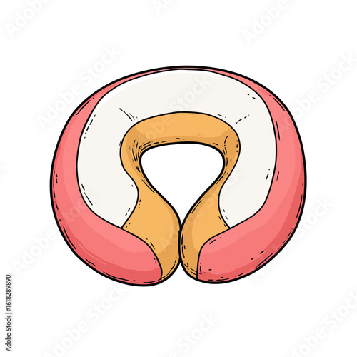 A hand-drawn illustration of a cozy pink travel neck pillow, an essential comfort accessory icon for long journeys, relaxation, and wellness-themed travel concepts.
