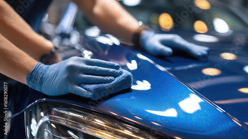 Car detailing with blue microfiber cloth and gloves polishing shiny blue car hood under bright lights, showing careful maintenance and auto body care