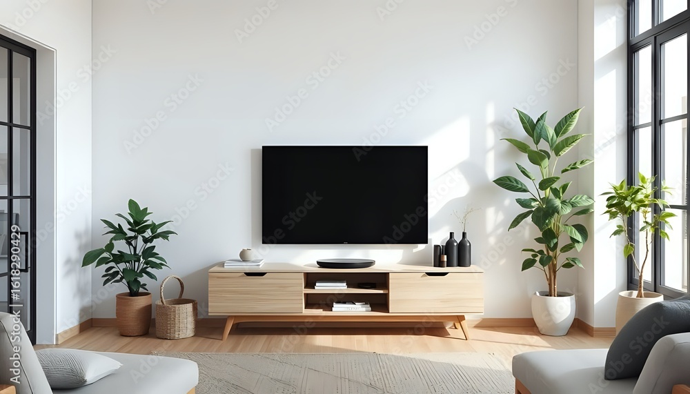 Fototapeta premium scandinavian minimalist living room with wooden media console, white walls, indoor plants, soft lighting, modern nordic interior design