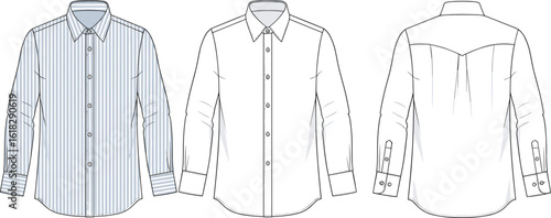 Men’s dress shirt CAD drawing, striped front view, plain front variation, detailed back sketch, blue white design, fashion template