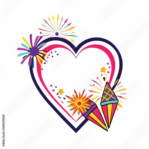 Festive heart shape with colorful fireworks and party poppers celebration