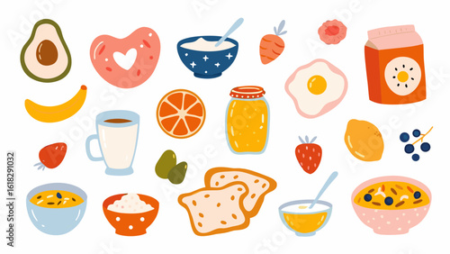 Colorful Breakfast Food Vector Illustration with Avocado Donut Yogurt Orange Egg Toast and Other Foods