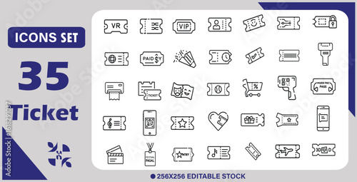 Ticket outline icon set. Editable stroke. Vector illustration