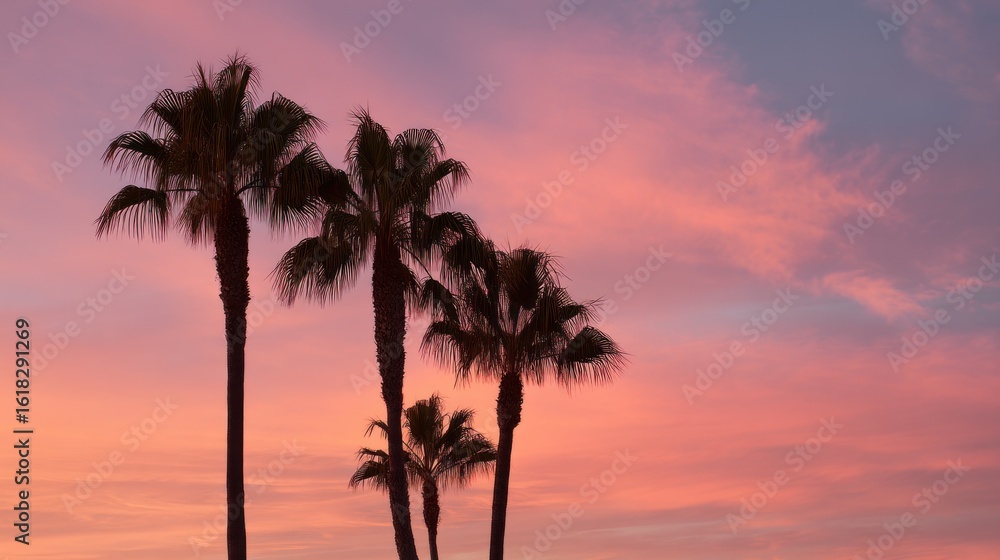 Obraz premium Palm trees silhouette against a vibrant sunset sky