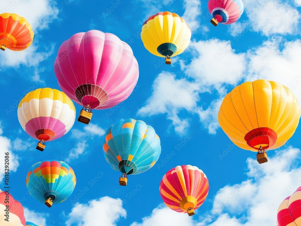 Obraz premium Colorful Hot Air Balloons Floating in Bright Blue Sky with Clouds