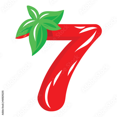 Red number seven with green leaves vector