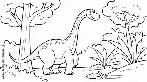 Vector Cartoon funny Diplodocus, funny image in the forest, Coloring book page for children. Line Art isolated on white background