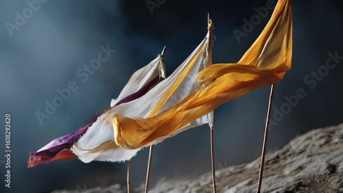 Flags of faith and identity flutter in the temple breeze above the sacred courtyard