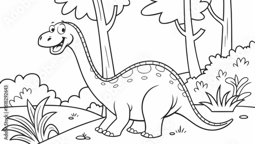 Vector Cartoon funny Diplodocus, funny image in the forest, Coloring book page for children. Line Art isolated on white background