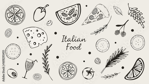 Hand Drawn Italian Food Illustration with Pizza Cheese Tomato and Lemon Slices