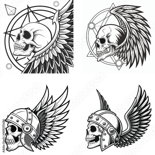 Intricate Skull Designs Featuring Majestic Winged Elements and Geometric Sacred Symbols