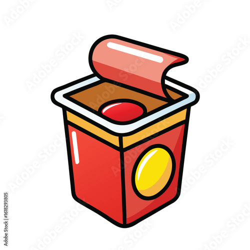 Red container with open lid and brown filling food yellow