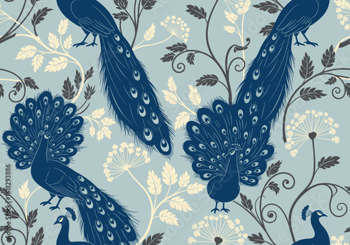 Seamless pattern with hand-drawn peacock silhouettes, botanical branches, and floral clusters in elegant art deco vector style, peacock blue and cream on ivory for upscale fabric and home decor 