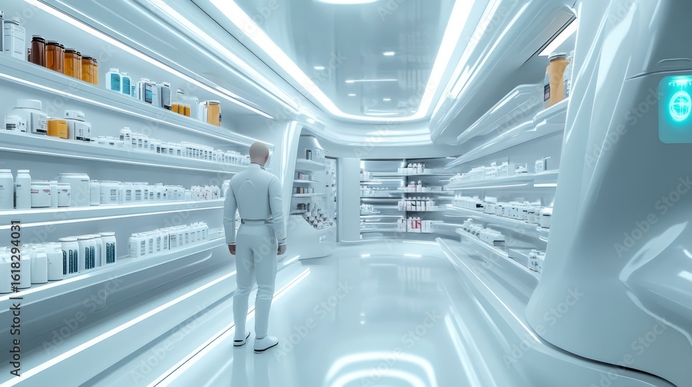 Obraz premium Sterile white pharmacy interior, figure facing shelves of vials and jars