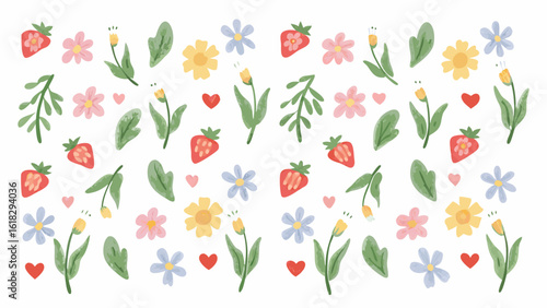Wallpaper Mural Cute Spring Pattern with Flowers Strawberries Hearts and Leaves on a White Background Torontodigital.ca