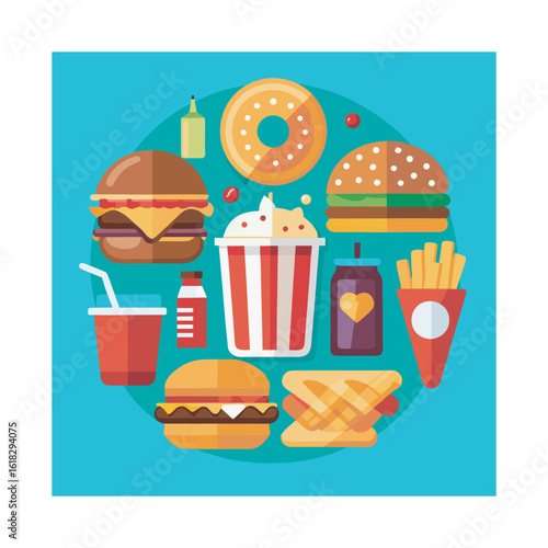 A Circular Arrangement of Popular Fast Food Items Including Burgers Fries Soda and Popcorn