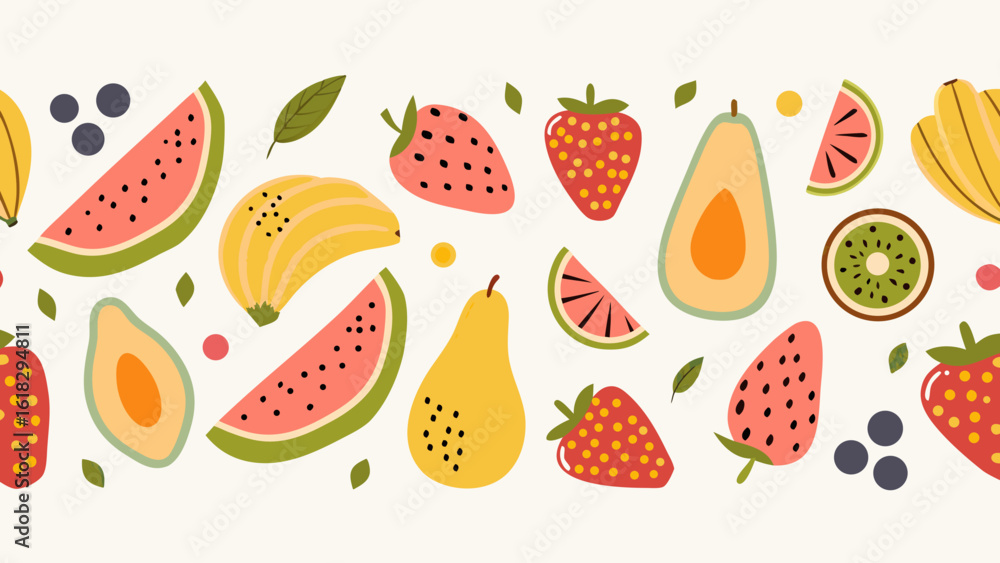 Colorful Fruit Pattern Illustration with Watermelon Banana Strawberry Avocado Pear Kiwi and Blueberries Colorful Fruit Pattern Illustration with Watermelon Banana Strawberry Avocado Pear Kiwi and Blueberries