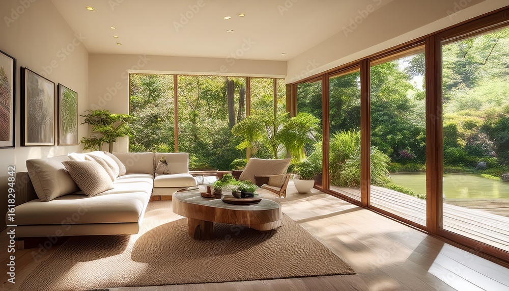 Fototapeta premium a beautifully designed living room with large windows overlooking a lush garden creating a serene and peaceful atmosphere for relaxation and inspiration