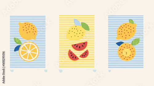 Summer Fruit Still Life with Lemons and Watermelon on Striped Backgrounds Fresh and Vibrant