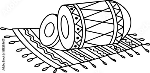 Traditional drum and rug line art ethnic musical instrument, cultural rhythm with patterned textile