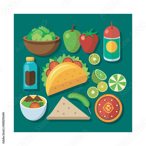 Colorful Flat Design Collection of Delicious Mexican Food and Ingredients for Celebratory Festive Meals