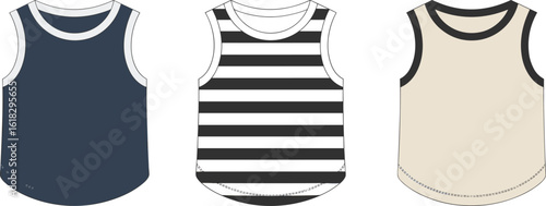 Sleeveless shirt vector illustration, front view CAD drawing, dark blue, striped black-white, beige tops with contrast trim, fashion sketch design