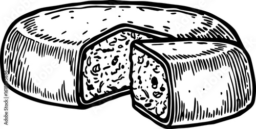 Whole round cheese wheel with wedge slice cut out hand drawn vintage dairy product illustration