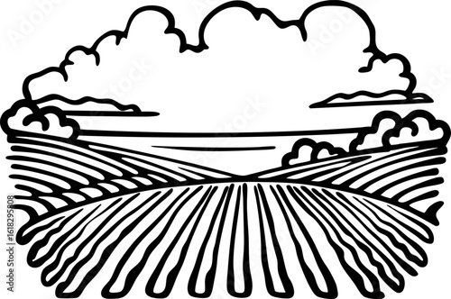 Rolling farmland landscape with cloudy sky rural agriculture field, crops horizon, countryside scene illustration