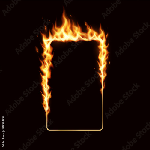 A flaming rectangular frame with vibrant orange and yellow flames against a dark background. The blazing border creates a dramatic and intense visual effect.