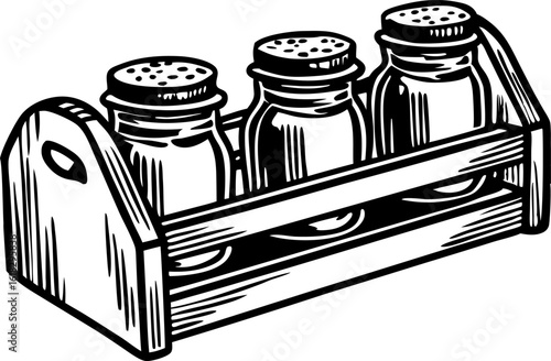 Three glass spice jars with lids in wooden holder vintage kitchen storage container, seasoning organization