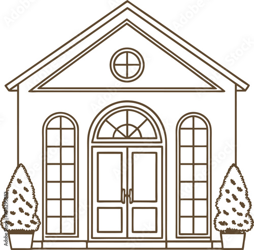 Classic building entrance with double arched doors, symmetrical windows, and potted topiary trees on either side
